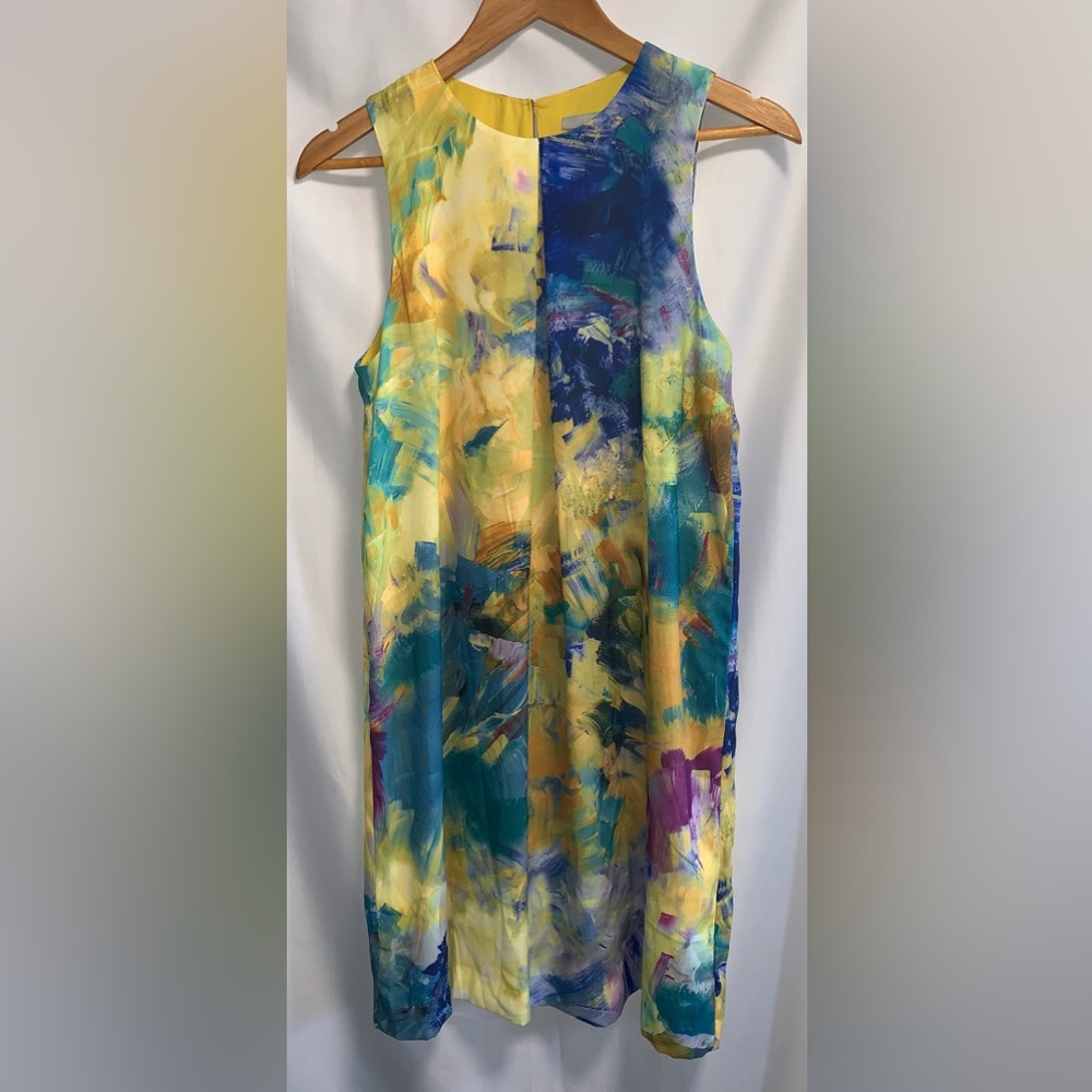 H&M Sleeveless Pleated Front Keyhole Back Water Color Lined Shift Dress Size 8
